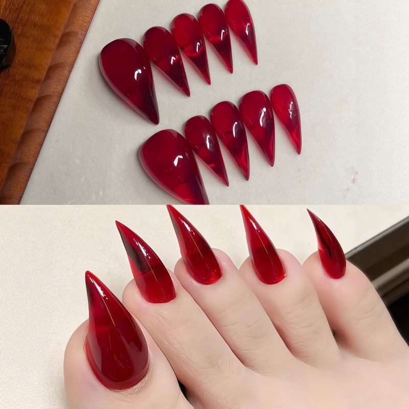 Nail Art Gothic - Długie sztuczne paznokcie stiletto, błyszczące, transparentne,